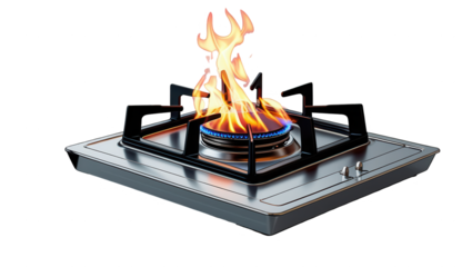 A stainless steel gas stove burner with intense flames, showcasing a realistic and detailed rendering.