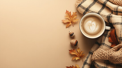 Cozy autumn morning latte leaves and blanket
