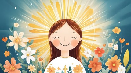 Illustration of a Smiling Woman with Flowers in a Watercolor Style on Blue Background with Rays of Light