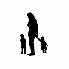 Silhouette of a mother crying alone while children play isolated on white background