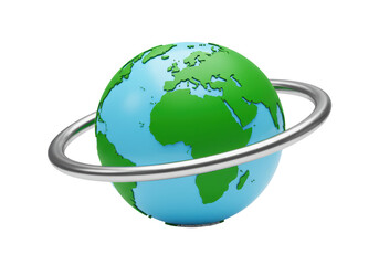 Isolated Earth globe with a silver ring illustrating communication or internet access