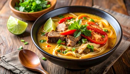 Flavorful Asian Noodle Soup with Beef, Tomatoes, and Lime