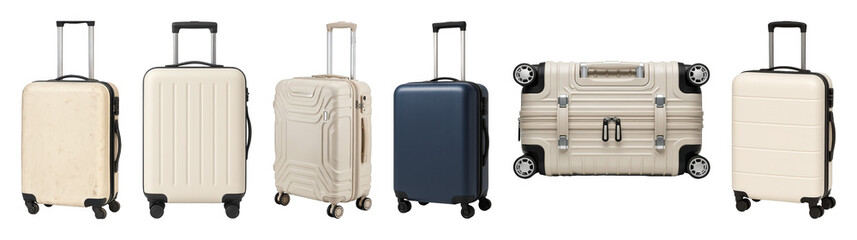 Hard-shell luggage set including cream and navy suitcases in various styles isolated. Travel and vacation essentials.