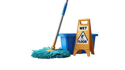 A blue mop and bucket with a wet floor sign against a black background.