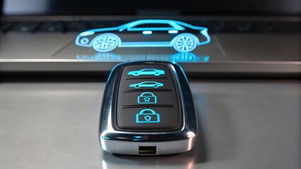 Obraz premium secure remote access Smart car key fob with holographic vehicle display on a sleek surface.