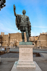 View of Statue of Roman Emperor Nerva at Roman Forum on famous Via dei Fori Imperial of Rome, Italy. Vertical photo. High quality photo