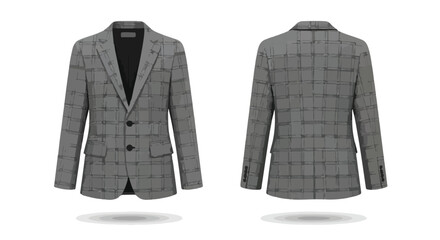 Sophisticated grey plaid blazer showcased from the front and back with pristine isolated presentation emphasizing bespoke tailoring detail