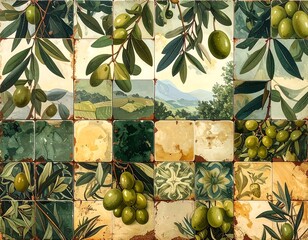 Olive branch mosaic tile arrangement, an elegant illustration art design