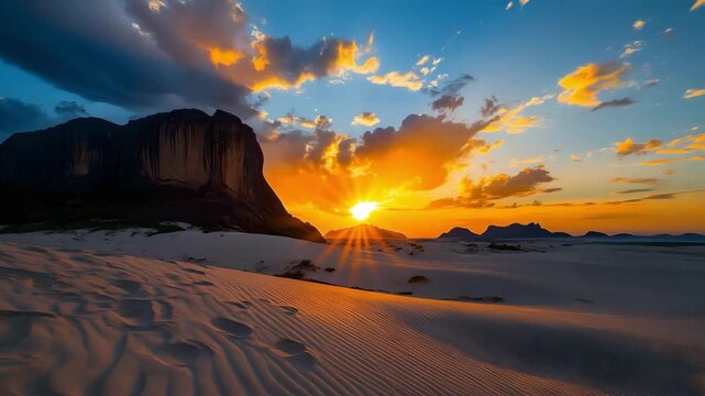 Wide-angle view of the dramatic sunset over Pedra Furada rock formation, Jericoacoara, Brazil 