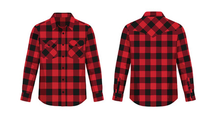 Fashionable red and black plaid shirt front and back isolated showcasing modern flannel lumberjack style clothing on a clean white background