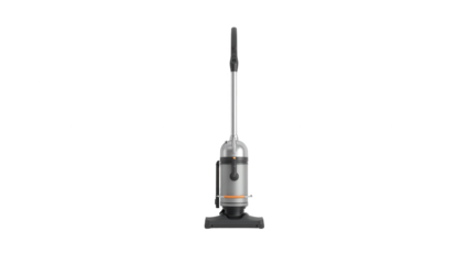 A modern upright vacuum cleaner stands tall against a plain black background, showcasing sleek gray and metallic tones with accents of orange.
