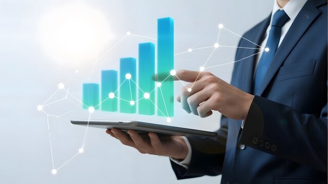 Businessman holding a tablet with a holographic bar graph and network connections overlaying it. - Powered by Adobe