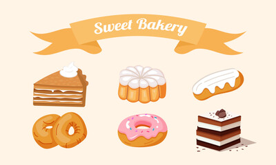 Sweet bakery desserts set with cakes donuts and eclairs