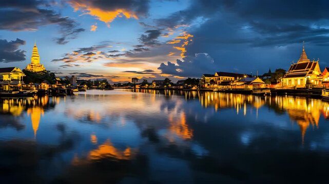 Panoramic dusk scene of Wat Ratchanatdaram with Loha Prasat