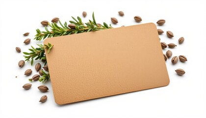 a high resolution biodegradable business card with thyme seeds, highlighted by smooth matte texture, intended for everyday use, isolated on pure white background with no shadow.