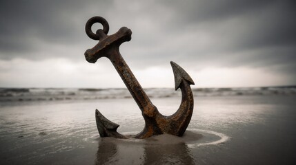 Weathered anchor on a desolate beach with dark, stormy clouds
