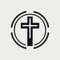 A black Christian cross is centered within a circle with broken lines on a light background.