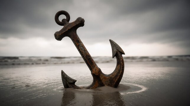 Weathered anchor on a desolate beach with dark, stormy clouds
