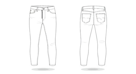 Technical drawing showcasing the front and back views of slim-fitting women's jeans on a pristine white backdrop creating simple clean fashion