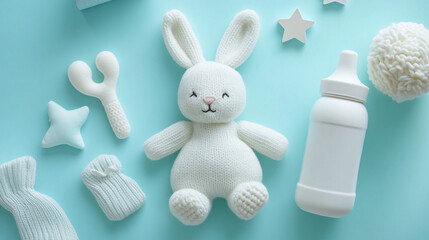 Adorable knitted bunny baby bottle knitted toys and baby clothes on blue background