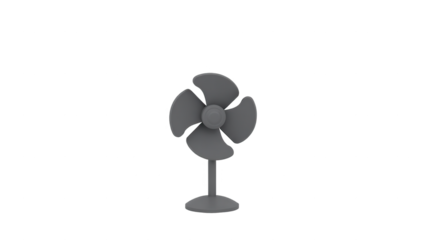 A stylized, gray, table fan is presented against a solid black backdrop.
