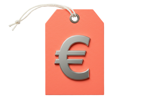Isolated price tag with euro sign is shown on a coral colored label with a silver grommet