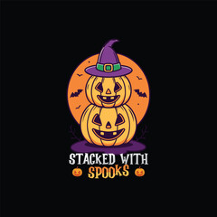 Halloween Spooky Nights Scary Delights Pumpkin Design with Haunted House and Bats