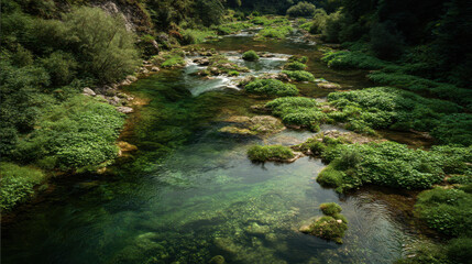 Crystal-clear river flowing through lush, green vegetation. This photograph captures the serenity of a pristine river winding through a verdant landscape, ideal for environmental conservation.