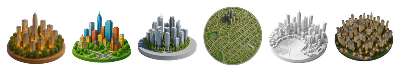 Cityscape set including modern, cartoon, greyscale, night, and aerial planning variations isolated. Urban development and architectural concepts.