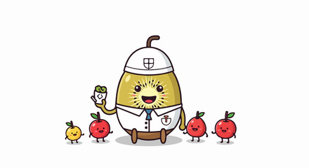 Fototapeta premium Adorable kiwi dentist mascot teaching smiling apple characters about oral hygiene. Cute vector illustration for pediatric dental care