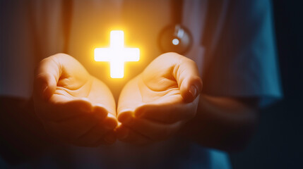 Healing Hands With A Medical Symbol Set In A Bright Neon Glow That Inspires Hope And Care