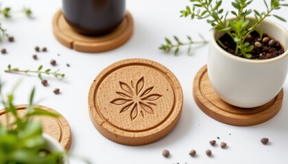 Fototapeta premium plantable coaster set containing thyme seeds, showing embossed seed pattern, engineered for circular lifestyle, isolated product visualization on white background.