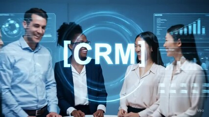4K Footage -Diverse Team of Professionals Collaborating on CRM Strategy with Futuristic Data Visualization Interface, Emphasizing Digital Solutions and Business Growth - Powered by Adobe