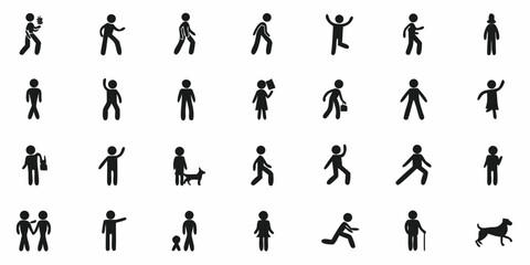 Collection of diverse stick figure icons representing people in various poses and activities