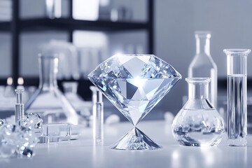Sparkling diamond in a lab setting surrounded by glassware and lab equipment