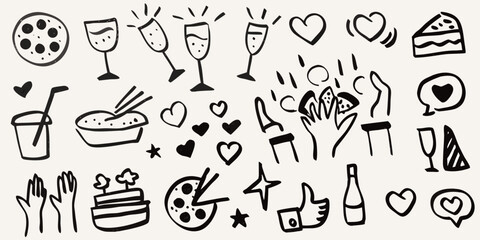 Obraz premium Hand drawn doodle icons of party food drinks celebration and love symbols on a light background