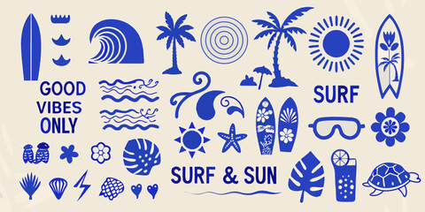 Collection of blue summer beach icons and graphics with surf and sun motifs © MituRani