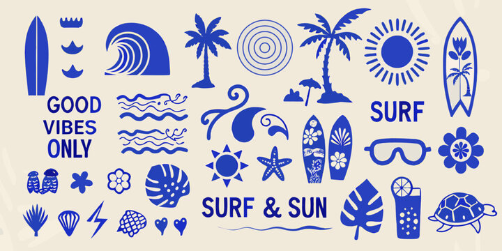 Collection of blue summer beach icons and graphics with surf and sun motifs