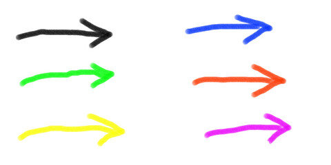 Colorful hand-drawn arrows set in red, blue, green, yellow, and pink marker strokes on transparent background PNG