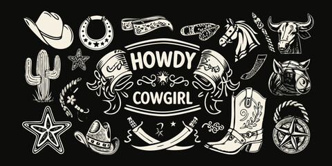 Howdy cowgirl western style illustration collection with cowboy hat cactus boots and horse