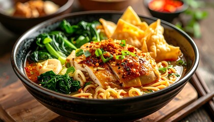 Delicious Asian Noodles with Chicken and Dumplings in a Bowl, Ready to Eat