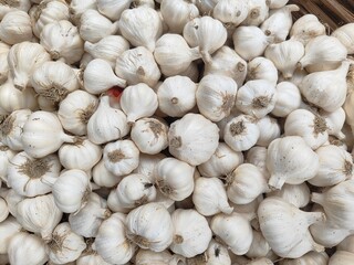 Fresh garlic bulbs, a close-up view of a pile