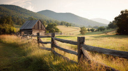 Rustic Barn in a Picturesque Landscape. A wooden barn sits peacefully amidst rolling hills and a rustic fence, bathed in warm sunlight, evoking a sense of tranquility.