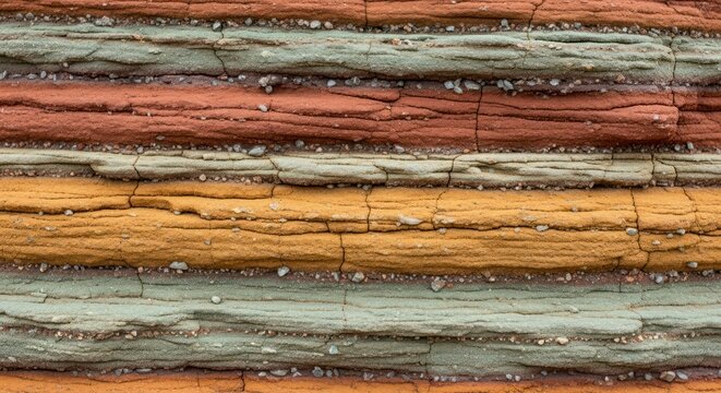 Striated rock layers with colorful horizontal lines and small stones