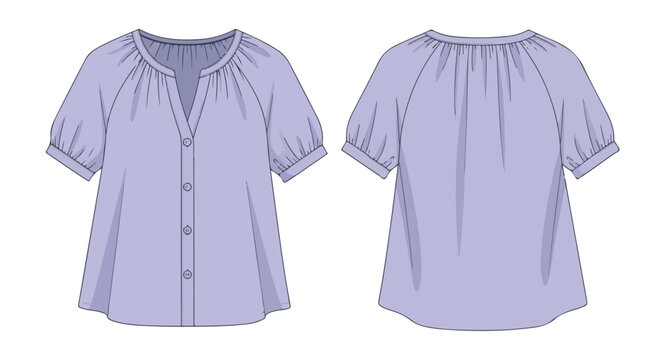 Lavender button-down blouse with gathered neckline displaying both front and back views for fashion illustration or pattern design purposes