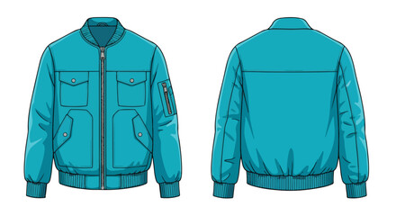 Detailed vector illustration showcasing a teal blue bomber jacket with front and back views ideal for fashion design reference