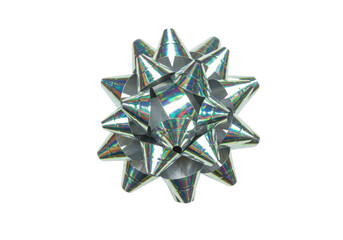 Isolated shiny silver gift bow sparkles, for birthday present wrapping and party decoration