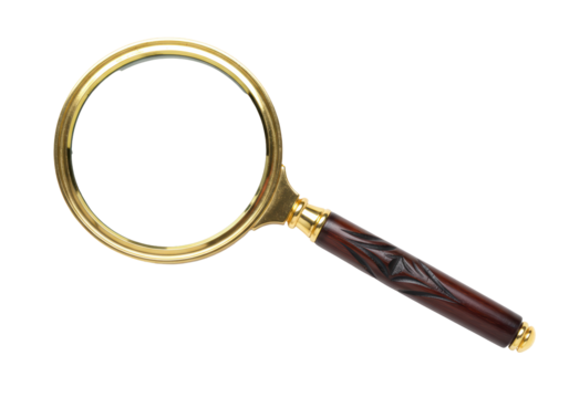 Isolated magnifying glass with gold frame and brown carved wooden handle on display
