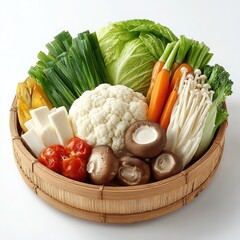 Assortment of fresh vegetables and tofu in a bamboo steamer basket High resolution image