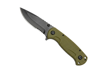 Isolated folding knife with a serrated edge and ergonomic handle, ready for outdoor adventures